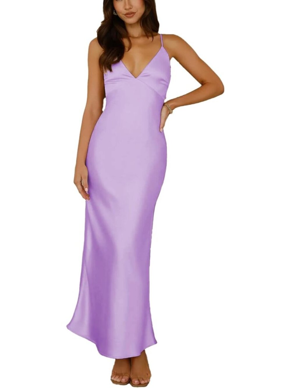 Women's Lilac Satin Spaghetti Strap V Neck Formal Tie Back Cocktail Maxi Dress